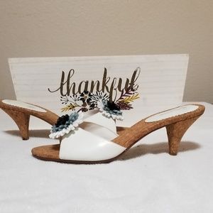 Nina White Cork & Leather Kitten Heel Mules